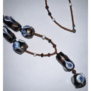 Artisan Handmade Ceramic Bronze Brown Delft Blue Black Bead Y-shape Necklace